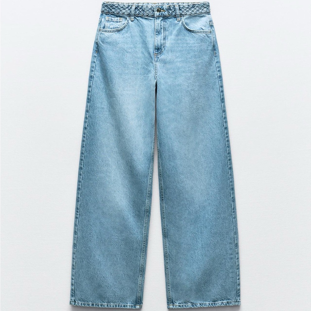 ZARA HIGH BRAIDED WAIST WIDE LEG JEANS